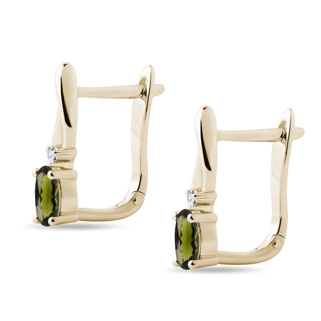 MOLDAVITE AND DIAMOND EARRINGS IN GOLD - MOLDAVITE EARRINGS - 