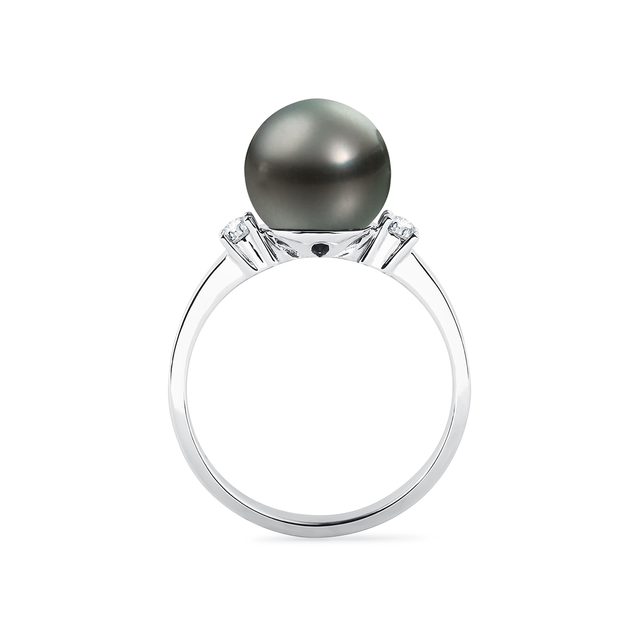 TAHITIAN PEARL RING WITH DIAMONDS IN WHITE GOLD - PEARL RINGS - 
