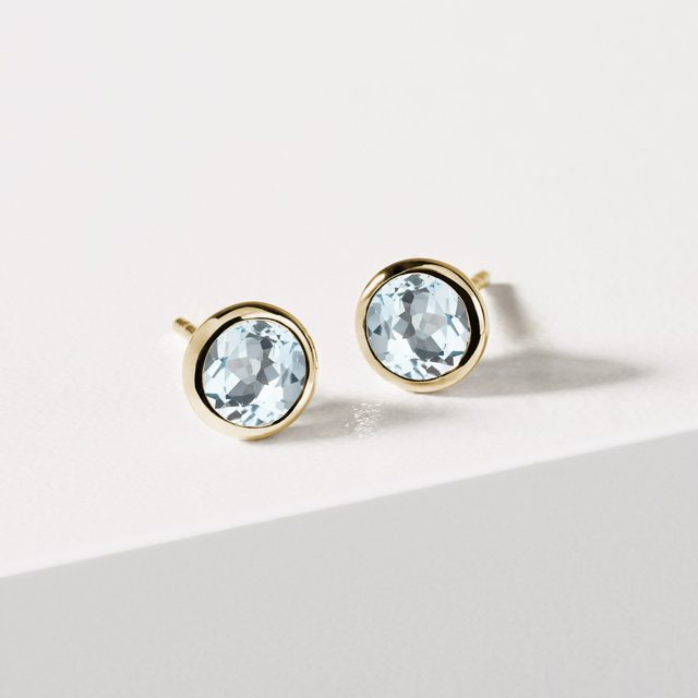 AQUAMARINE STUDS IN YELLOW GOLD - AQUAMARINE EARRINGS - 