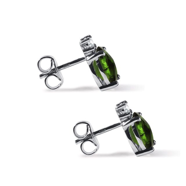 BOUCLES D'OREILLES GOUTTES AVEC DES MOULURES ET DES DIAMANTS EN OR BLANC - BOUCLES D'OREILLES EN MOLDAVITE - 