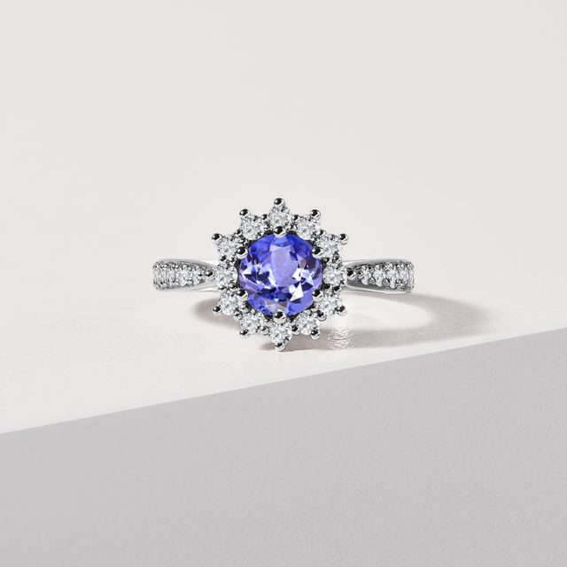 WEISSGOLDRING MIT RUNDEM TANSANIT UND DIAMANTEN - RINGE TANSANIT - 
