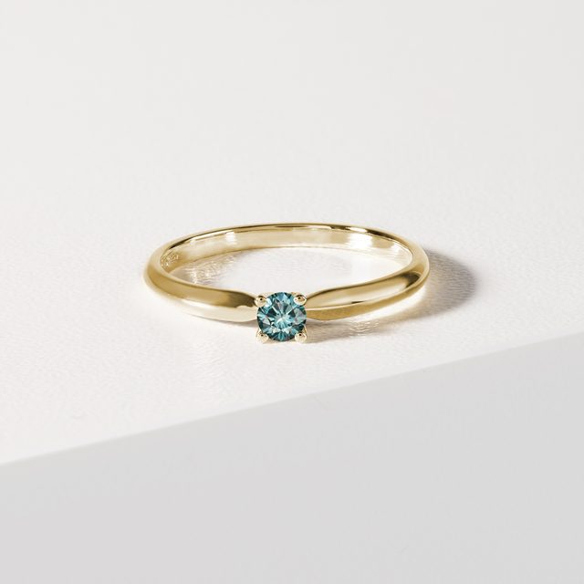 DAINTY BLUE DIAMOND RING IN YELLOW GOLD - FANCY DIAMOND ENGAGEMENT RINGS - 
