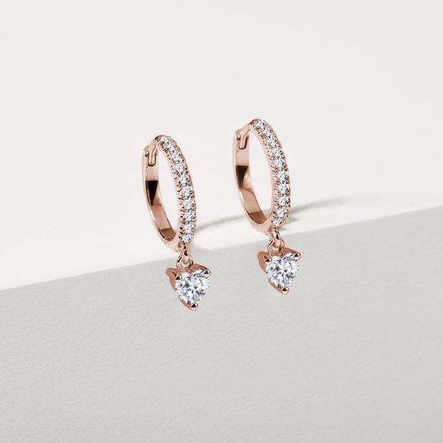ROSE GOLD DIAMOND HUGGIE HOOPS WITH A HEART - DIAMOND EARRINGS - 