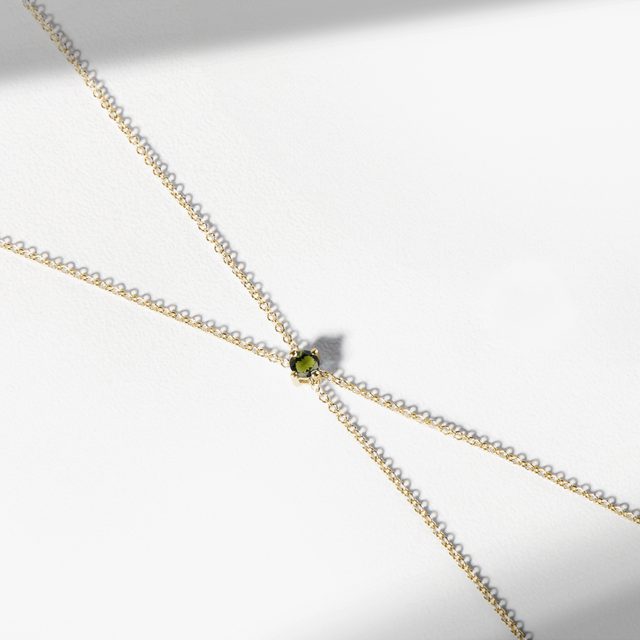 YELLOW GOLD DOUBLE CHAIN BRACELET WITH A ROUND MOLDAVITE - GEMSTONE BRACELETS - 