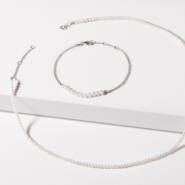 HALSKETTE MIT KLEINEN PERLEN AUS 14 KT WEISSGOLD - PERLEN KETTEN - 