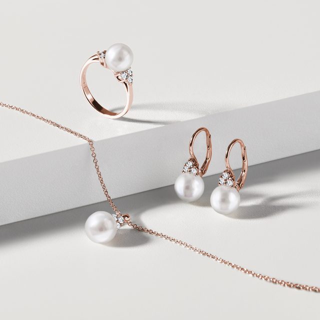 PEARL AND DIAMOND ROSE GOLD JEWELRY SET - PEARL SETS - 