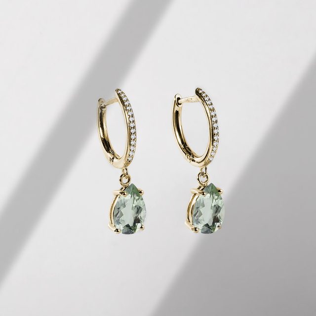 GREEN AMETHYST AND DIAMOND EARRINGS IN YELLOW GOLD - AMETHYST EARRINGS - 