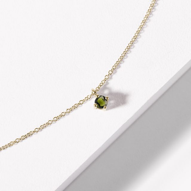 DAINTY YELLOW GOLD NECKLACE WITH MOLDAVITE - MOLDAVITE NECKLACES - 