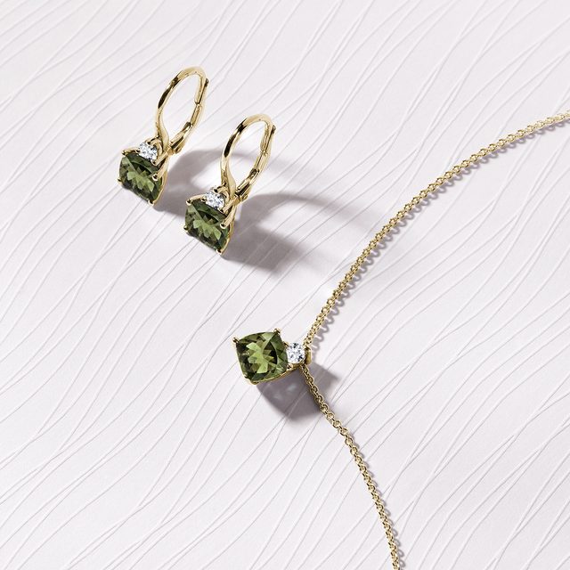 CUSHION CUT MOLDAVITE AND DIAMOND JEWELRY SET IN WHITE GOLD - GEMSTONE SETS - 