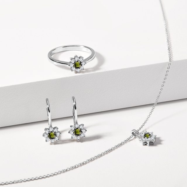 BLUMENHALSKETTE MIT MOLDAVIT UND DIAMANT IN WEISSGOLD - KETTEN MIT MOLDAVIT - 