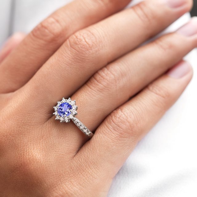 ROUND TANZANITE AND HALO DIAMOND WHITE GOLD RING - TANZANITE RINGS - 