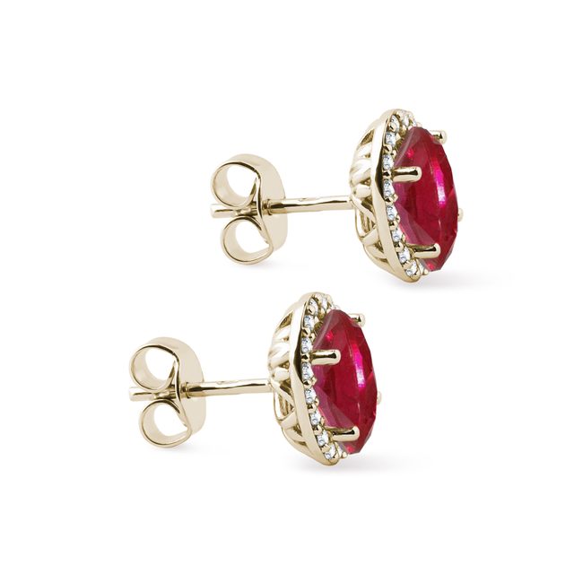 OVAL RUBY AND DIAMOND HALO EARRINGS IN YELLOW GOLD - RUBY EARRINGS - 