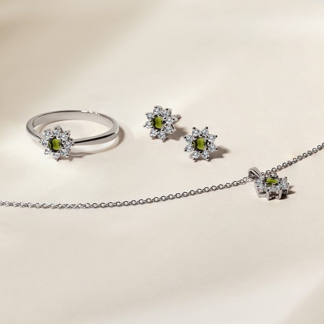 MOLDAVITE AND DIAMOND FLORAL STUDS IN WHITE GOLD - MOLDAVITE EARRINGS - 