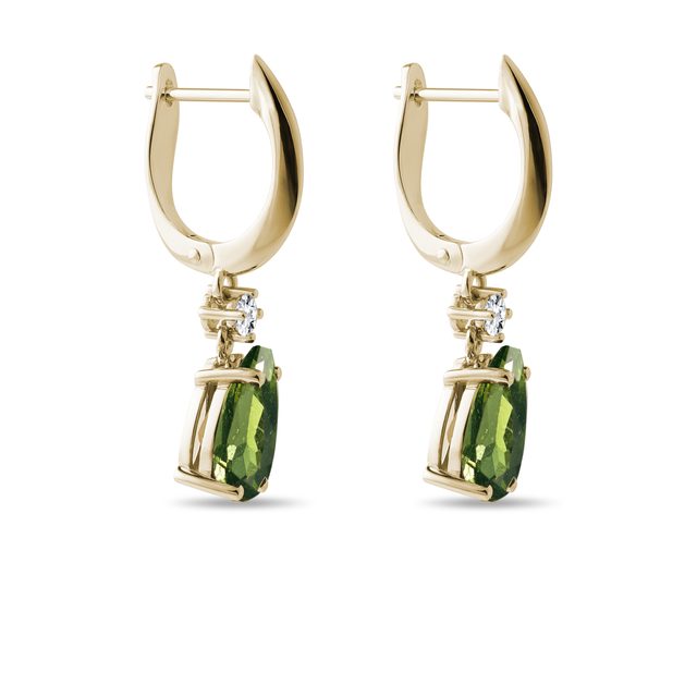 BOUCLES D'OREILLES EN OR AVEC DIAMANTS ET MOLDAVITES - BOUCLES D'OREILLES EN MOLDAVITE - 