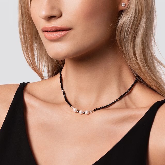 BLACK SPINEL AND PEARL GOLD NECKLACE - MINERAL NECKLACES - 