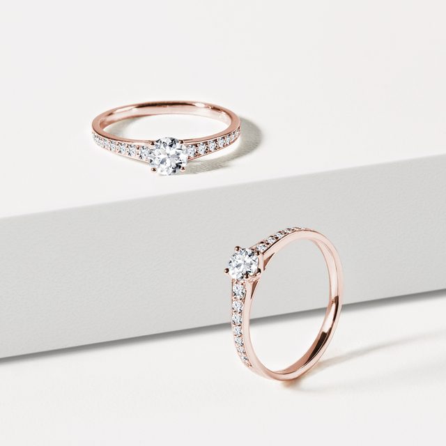 BAGUE D'OR ROSE 14 CT AVEC DIAMANTS TAILLE BRILLANT - BAGUES DE FIANÇAILLES EN DIAMANT - 