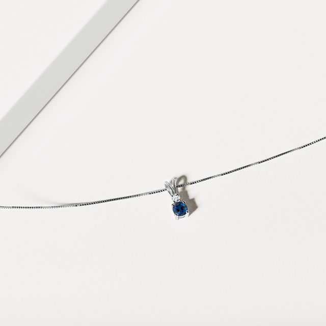 SAPHIRHALSKETTE AUS 14KT WEISSGOLD MIT DIAMANT - KETTEN MIT SAPHIR - 