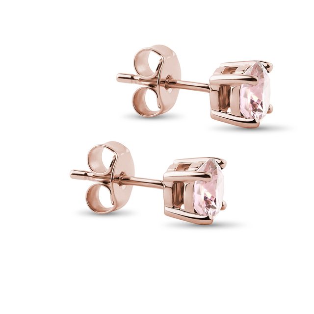 PUCES D'OREILLES EN OR ROSE ORNÉES DE MORGANITES - BOUCLES D'OREILLES EN MORGANITE - 