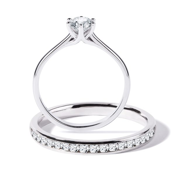 KIT BAGUES DE LA MARIÉE EN OR BLANC AVEC DIAMANTS - BAGUE DE FIANÇAILLES ET ALLIANCE ASSORTIES - 