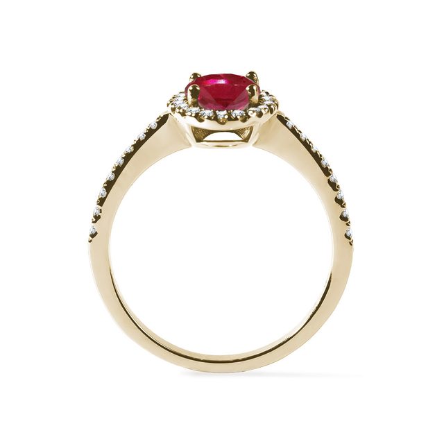 LUXE RUBY AND DIAMOND HALO RING ​​IN YELLOW GOLD - RUBY ENGAGEMENT RINGS - 