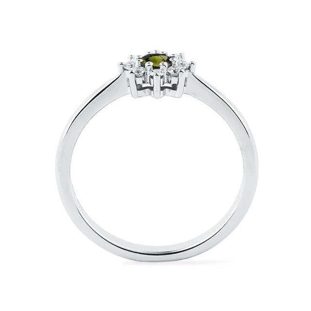 BAGUE FLEUR EN OR BLANC, MOLDAVITE ET DIAMANTS - BAGUES EN MOLDAVITE - 