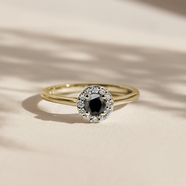 HALO-RING MIT SCHWARZEM DIAMANTEN IN GELBGOLD - VERLOBUNGSRINGE MIT FARBIGEN DIAMANTEN - 