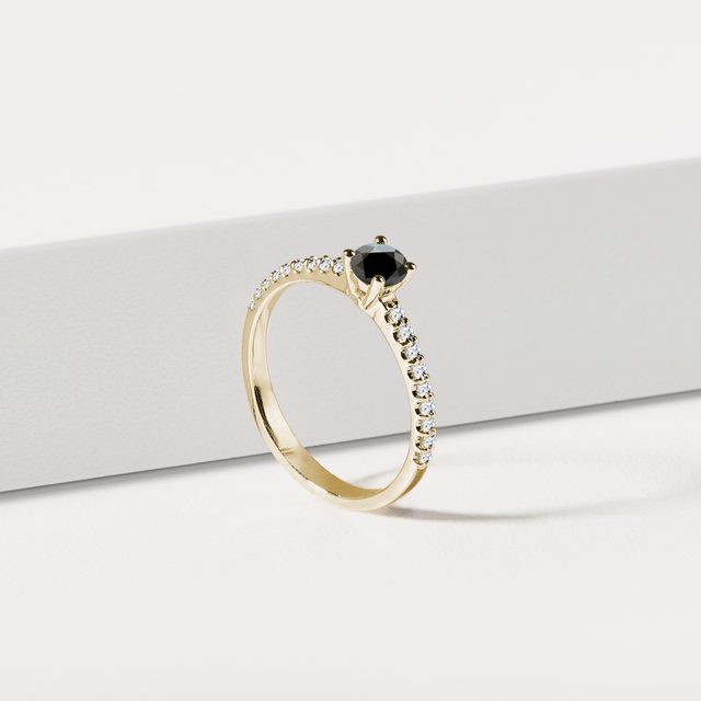 BLACK DIAMOND RING IN 14K YELLOW GOLD - FANCY DIAMOND ENGAGEMENT RINGS - 