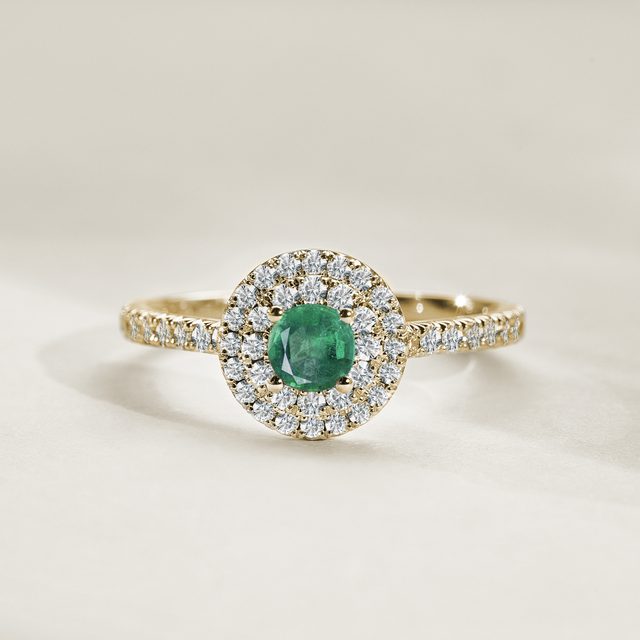 BAGUE EN OR AVEC DOUBLE HALO DE DIAMANTS ET ÉMERAUDE - BAGUES EN ÉMERAUDE - 