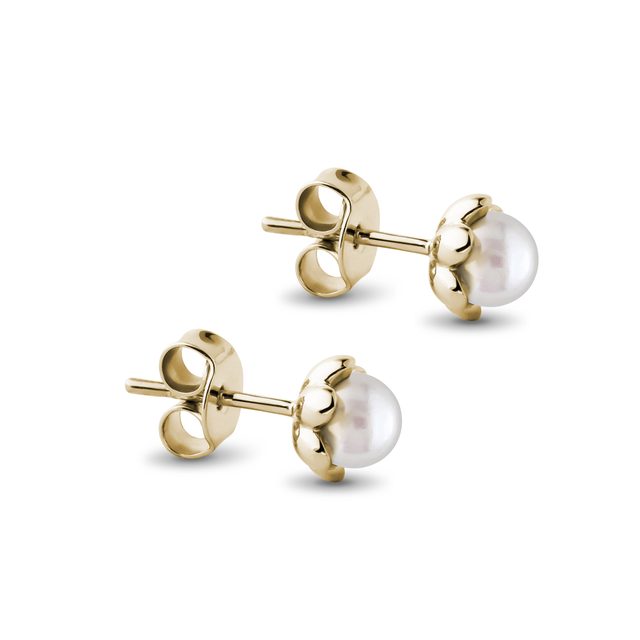 PEARL FLOWER STUD EARRINGS IN YELLOW GOLD - PEARL EARRINGS - 