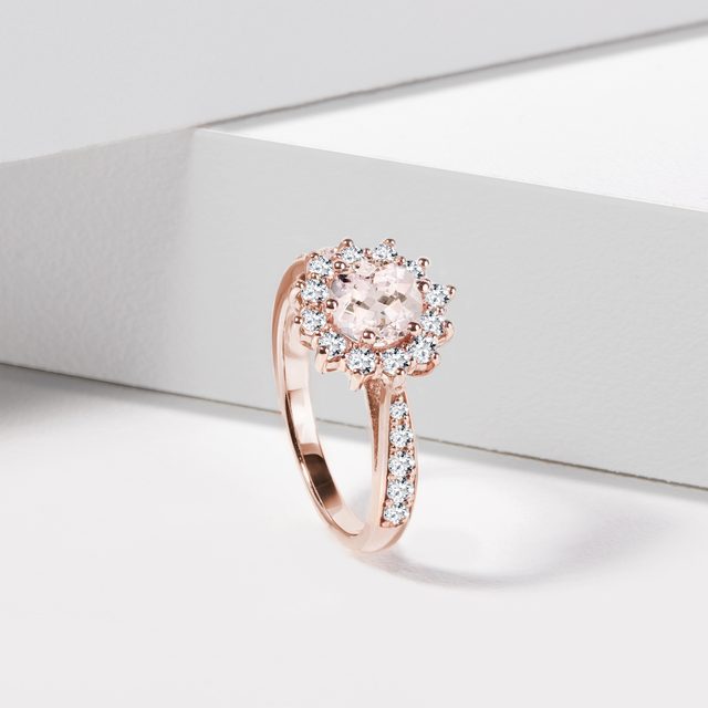 ROSÉGOLDRING MIT RUNDEM MORGANIT UND DIAMANTEN - RINGE MORGANIT - 