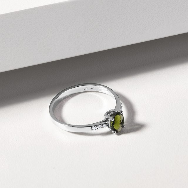 MOLDAVITE AND DIAMOND ENGAGEMENT RING IN WHITE GOLD - MOLDAVITE RINGS - 