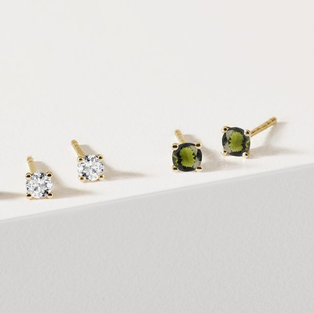 MOLDAVITE STUDS IN 14K YELLOW GOLD - MOLDAVITE EARRINGS - 