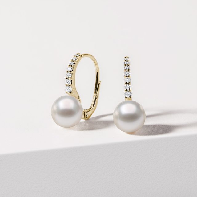 BOUCLES D'OREILLES EN OR JAUNE AVEC PERLES ET DIAMANTS - BOUCLES D'OREILLES EN PERLES - 