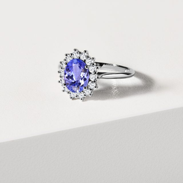 BAGUE EN OR BLANC 14 CT AVEC TANZANITE ET DIAMANTS - BAGUES EN TANZANITE - 