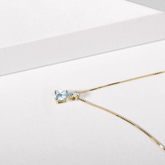 14K GOLD CHAIN WITH PEAR AQUAMARINE PENDANT - AQUAMARINE NECKLACES - 