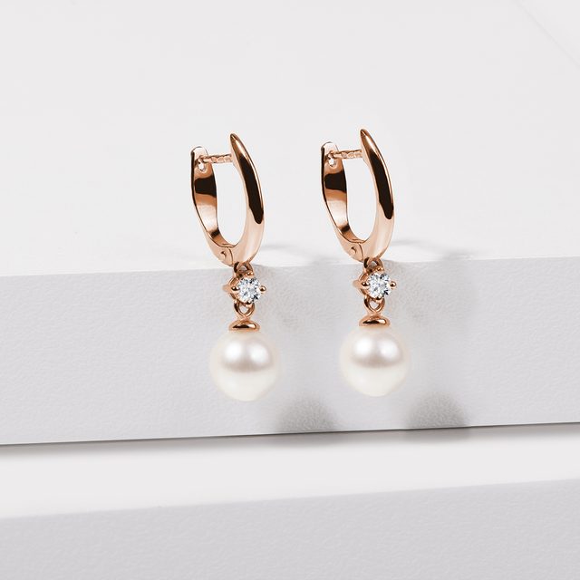 FRESHWATER PEARLS AND DIAMOND EARRINGS IN ROSE GOLD - PEARL EARRINGS - 