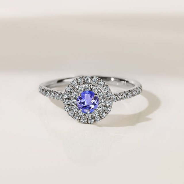 TANZANITE AND DIAMOND HALO RING IN WHITE GOLD - TANZANITE RINGS - 