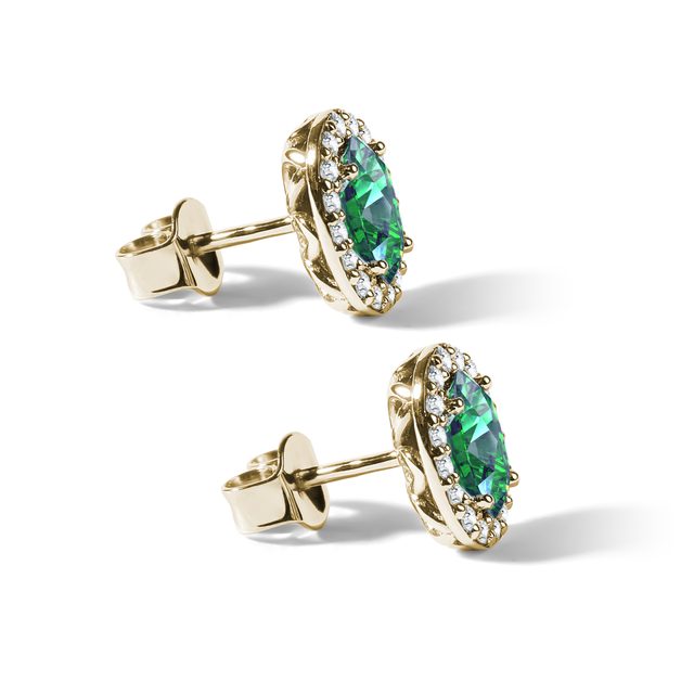YELLOW GOLD EARRINGS WITH TWO EMERALDS AND DIAMONDS - EMERALD EARRINGS - 