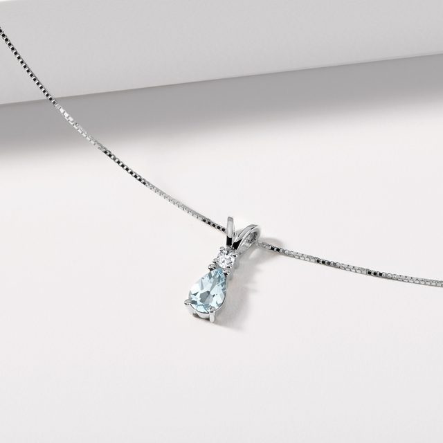 AQUAMARINE AND DIAMOND PENDANT NECKLACE IN WHITE GOLD - AQUAMARINE NECKLACES - 