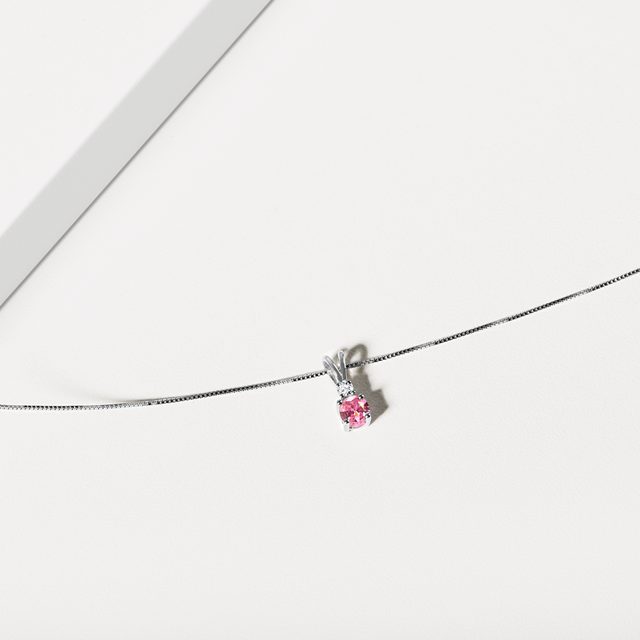 HALSKETTE AUS WEISSGOLD MIT ROSA SAPHIR UND DIAMANT IM BRILLANTSCHLIFF - KETTEN MIT SAPHIR - 