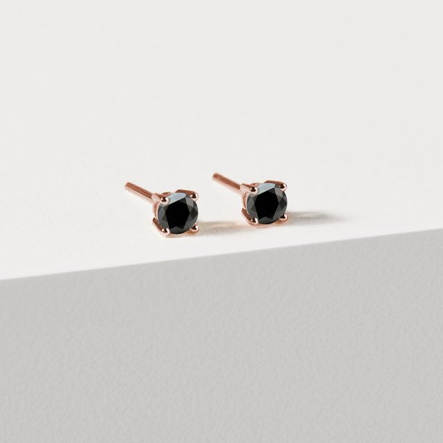 PUCES D'OREILLES EN OR ROSE AVEC DIAMANTS NOIRS - PUCES D'OREILLES EN DIAMANT - 