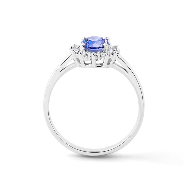 PIERŚCIONEK WYKONANY Z BIAŁEGO ZŁOTA Z DIAMENTAMI I TANZANITEM - PIERŚCIONKI Z TANZANITAMI - 