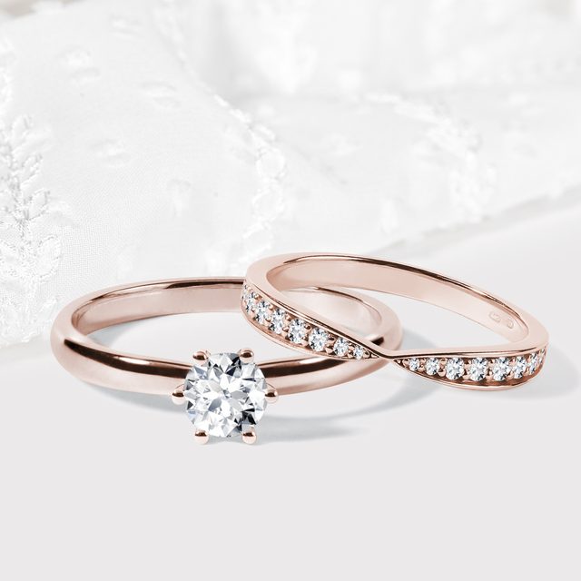 DIAMOND ENGAGEMENT RING SET MADE OF ROSE GOLD - ENGAGEMENT AND BRIDAL RING SETS - 