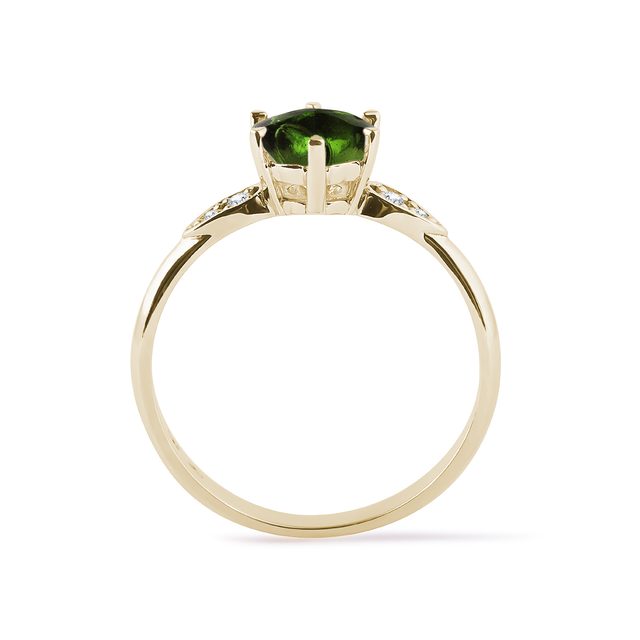 ANNEAU EN OR JAUNE AVEC MOLDAVITE ET DIAMANT - BAGUES EN MOLDAVITE - 