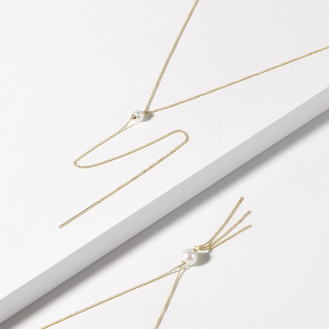 LANGE HALSKETTE AUS 14KT GELBGOLD MIT PERLE - PERLEN ANHÄNGER - 