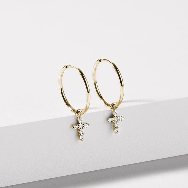 DIAMOND CROSS GOLD HOOP EARRINGS - DIAMOND EARRINGS - 