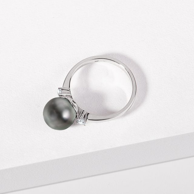 TAHITIAN PEARL RING WITH DIAMONDS IN WHITE GOLD - PEARL RINGS - 