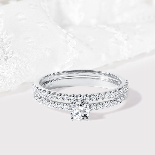 JEU D'ANNEAUX DE MARIAGE EN OR BLANC - BAGUE DE FIANÇAILLES ET ALLIANCE ASSORTIES - 