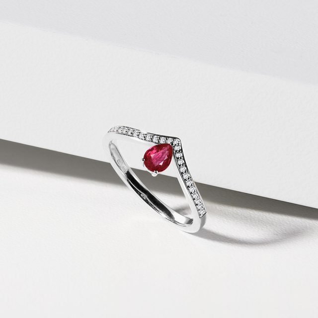 RUBY TEARDROP RING IN 14K WHITE GOLD - RUBY ENGAGEMENT RINGS - 