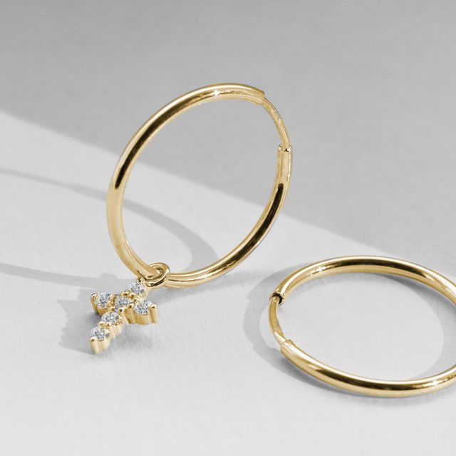 DIAMOND CROSS GOLD HOOP EARRINGS - DIAMOND EARRINGS - 